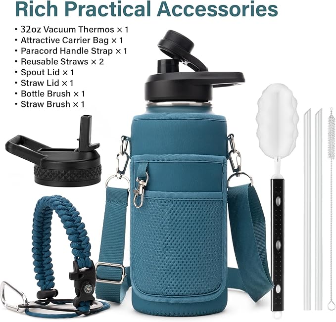 Insulated Water Bottle | Thickened Stainless Steel Vacuum Metal | Portable Sports Water Jug for Gym and Hiking with Straw, Carrier Bag, Handle Strap | BPA-Free 32 oz-FlexoryFit