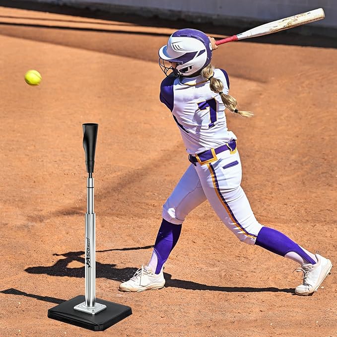 Portable Batting Tee for Baseball/Softball, Height Adjustable 24-46 inches Softball Tee for Kids and Adults,Baseball Tee with Rubber Top,Metal Base,Easy Transport and Assemble Hitting Tee