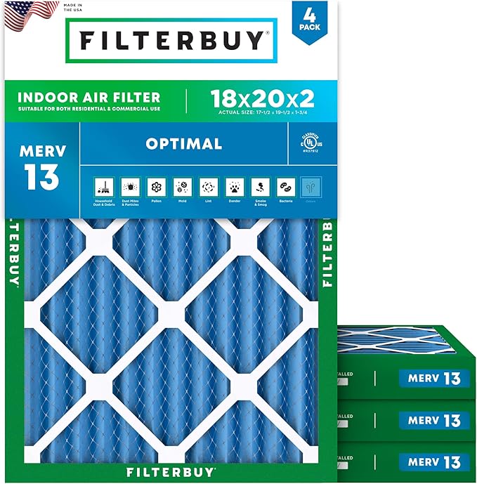 Filterbuy 18x20x2 Air Filter MERV 13 (MPR 1900) Health Defense Replacement (4-Pack), Electrostatic Pleated HVAC AC Furnace Filters, Made in USA (Actual Size: 17.50 x 19.50 x 1.75)