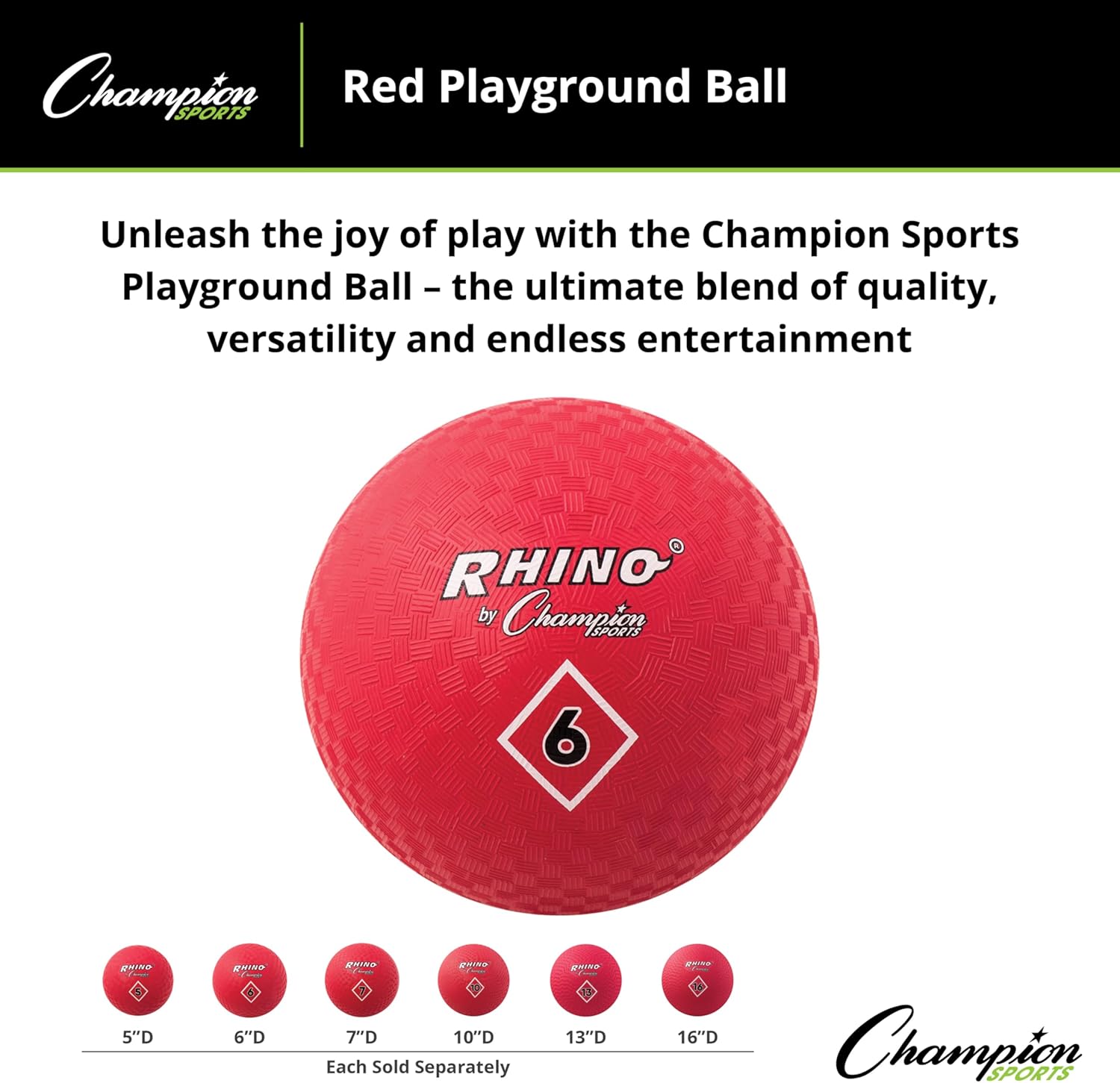 Champion Sports Playground Ball – High-Bounce 2-Ply Construction, Durable Red Ball for Throwing, Catching & Kicking - Multiple Sizes (5", 6", 7", 10", 13", 16")