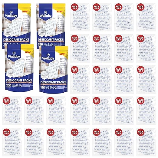 Wallaby 5 gram (1,000 Packets) Food Safe Pure White Silica Gel Desiccant Dehumidifier Packs - Rechargeable & Coated Moisture Absorbers - Protects Against Moisture Damage - (Packed in 200x Sets of 5)