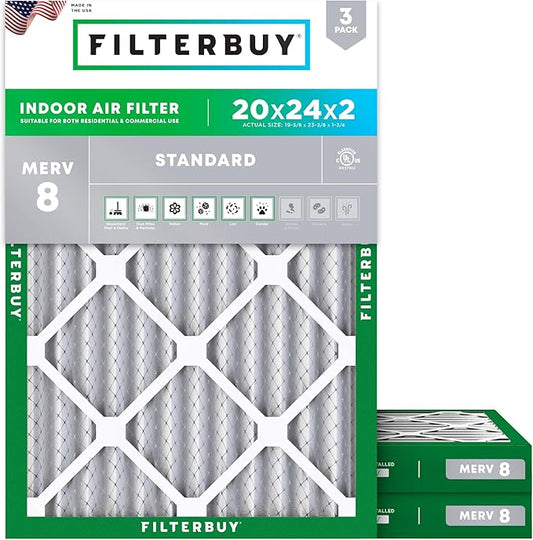 Filterbuy 20x24x2 Air Filter MERV 8 (MPR 700) Dust Defense Replacement (3-Pack), Electrostatic Pleated HVAC AC Furnace Filters, Made in USA (Actual Size: 19.38 x 23.38 x 1.75)
