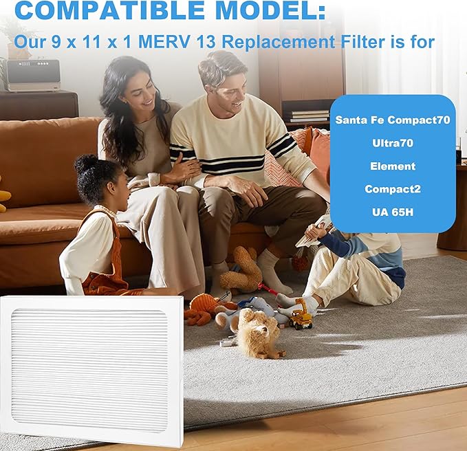 9 x 11 x 1 Dehumidifier Filter MERV 13 Compatible with Santa Fe Compact70, Ultra70, Element, Compact2, UA 65H dehumidifier Models, 2 Packs