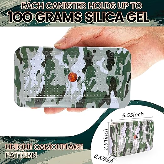 100 Gram Camouflage Gun Safe Dehumidifier Silica Gel Canister Rechargeable Dehumidifier Desiccant Reusable Indicating Desiccant Moisture Absorber with Visible Window [6PACK]
