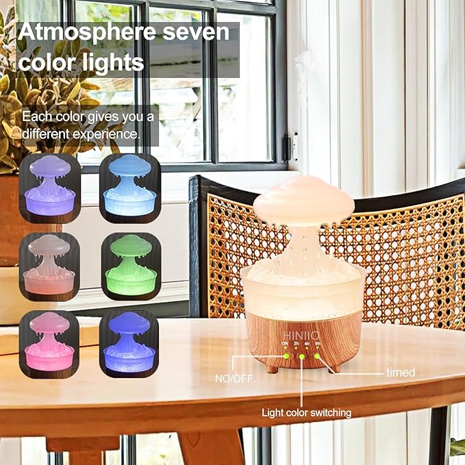 Rain Cloud Humidifier Water Drip with 7 Colors LED Night Light, Mushroom Essential Oil Diffuser with Remote Control for Bedroom Sleeping Relaxing(Wood Grain)