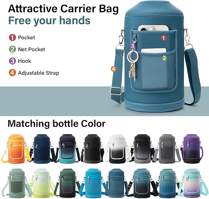 1 Gallon Water Bottle Insulated | Thickened Stainless Steel Vacuum Metal Water Jug | Portable Sports Large for Gym and Hiking with Straw, Carrier Bag, Handle Strap | BPA-Free 128 oz-FlexoryFit