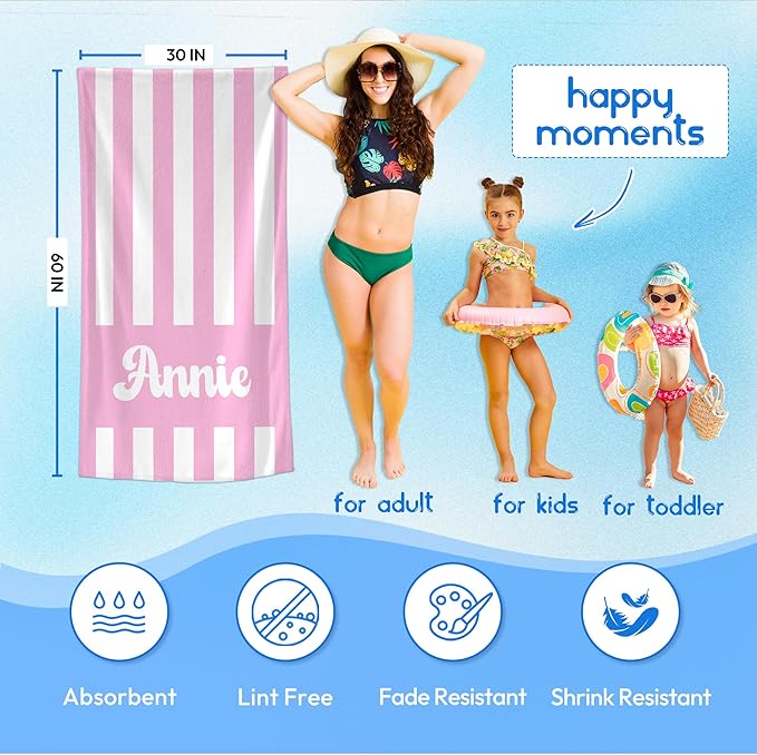 JML Personalized Beach Towel with Name, Custom Cabana Stripe Beach Towel, Customized Microfiber Pool Towel, Quick Dry & Absorbent Swim Towel for Adult,Mother's Day, Birthday, Summer Holiday,Vacation-FlexoryFit