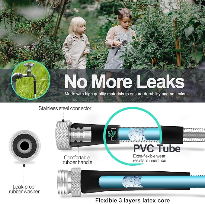 125ft 304 Stainless Steel Garden Hose Metal, Heavy Duty Water Pipe with Nozzles for Yard, Outdoor - Flexible, Never Kink & Tangle, Puncture Resistant (Sliver)