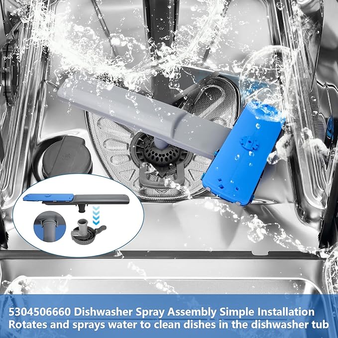 5304506660 Dishwashers Spray Lower Wash Arm Compatible for Frigidaire AP6038456 154830302 154830303 with 5304518968(154294101) Spray Arm Support, 5304506518(154252701) Trap Drain Filter Assembly