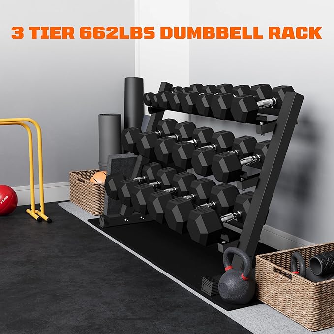450/550 Dumbbell Sets with Rack, Rubber Hex Dumbbells, Free Weight set for Home Gym, Hand Weights with Chrome Handle for Strength Training-FlexoryFit