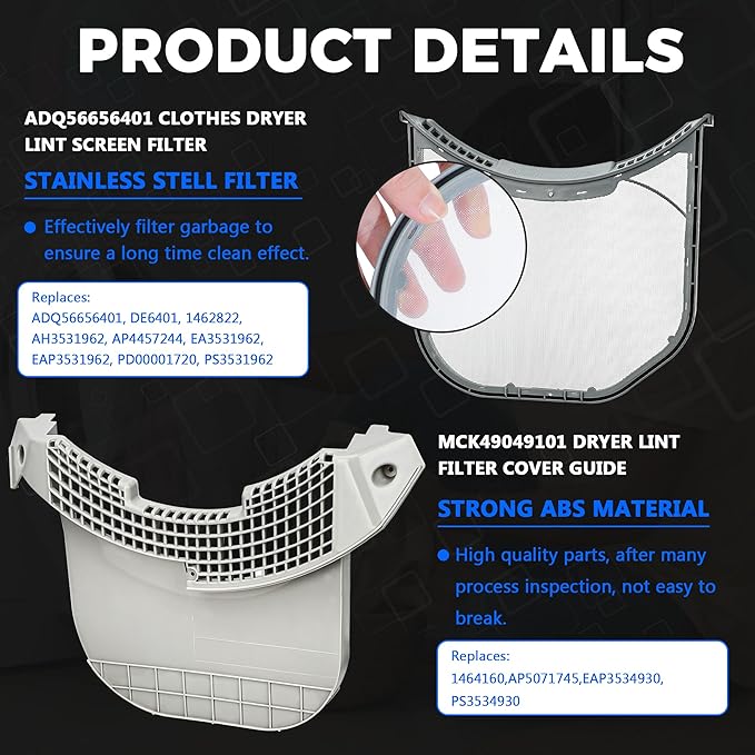 Romalon ADQ56656401 Dryer Lint Filter Stainless Steel Mesh With MCK49049101 Lint Trap Cover Housing For LG & Kenmore Dryer Lint Screen Replacement