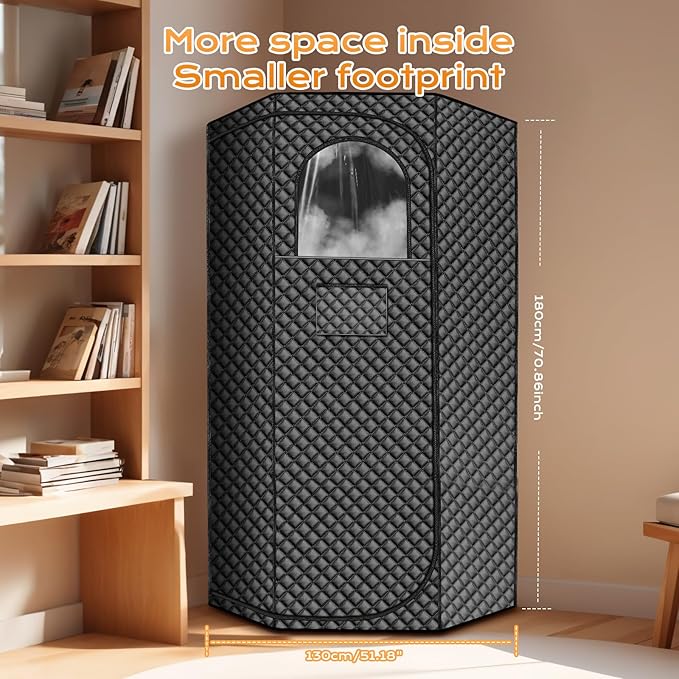 Steam Sauna Box, Portable Sauna for Home, Extra Large Pentagon Design Saunas Tent, Includes 3L Steamer with 9 Levels Remote Control and Absorbent Mat & Folding Chair (Black Pentagon)
