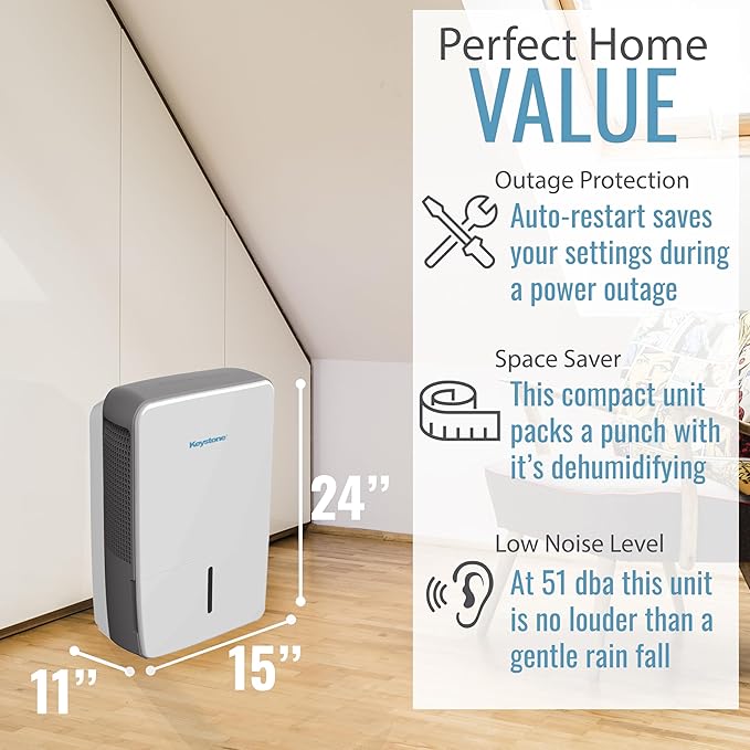 Keystone 50-Pint Portable Dehumidifier for Extra Large Rooms up to 4,500 Sq.Ft. with Auto-Shutoff & Timer - Quiet Home Dehumidifier and Moisture Absorber For Basement, Garage, Living Room