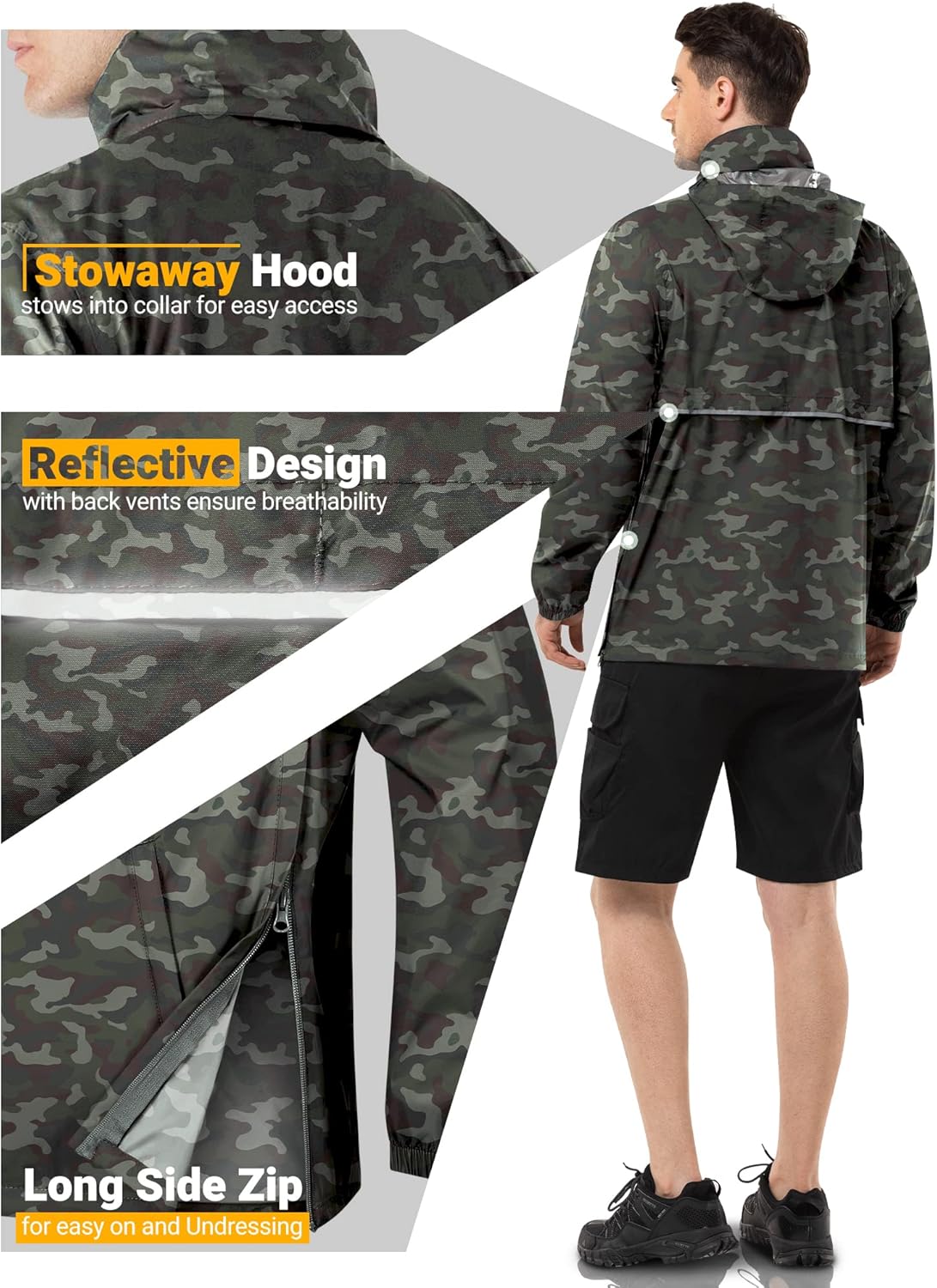 Outdoor Ventures Men's Rain Jacket Waterproof Lightweight Packable Rain Pullover for Hiking Golf Running