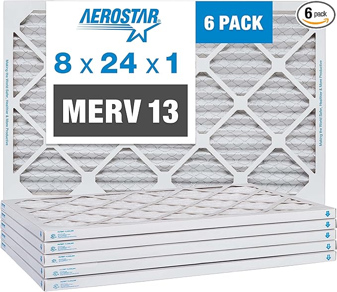 Aerostar 8x24x1 MERV 13 Pleated Air Filter, AC Furnace Air Filter, 6 Pack (Actual Size: 8" x 24" x 1")