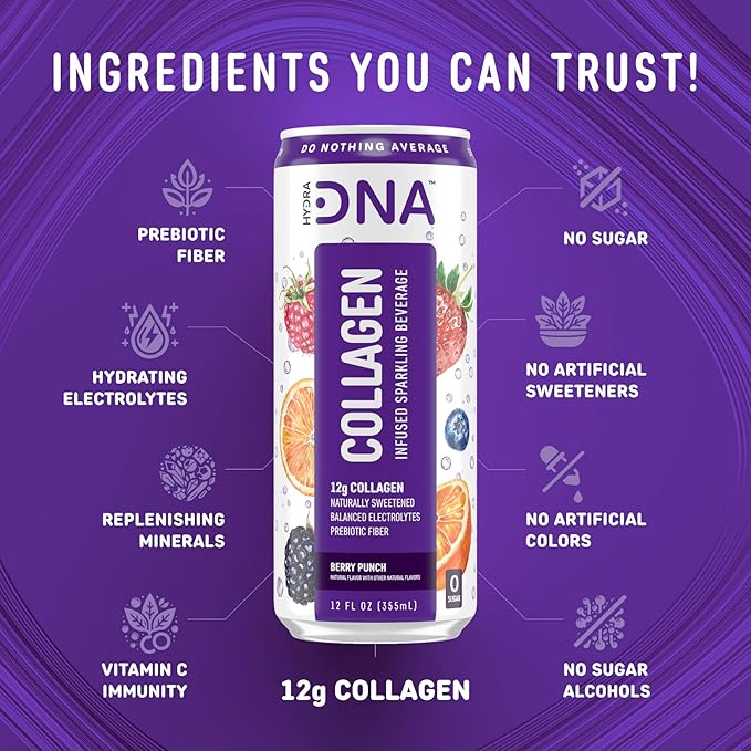 HYDRADNA- Sparkling Liquid Collagen Protein Water Drink Balanced Nutrients for Wellness - Sugar-Free - Keto-Friendly - No Gluten (12 Pack) Berry Punch-FlexoryFit