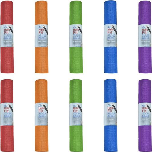 Hello Fit 10-Pack Yoga Mat, 68" x 24" Non Slip Exercise Mat, 4mm Thick Gym Mat for Fitness and Stretching, Bulk Non Toxic Yoga Mats for Schools and Studios-FlexoryFit