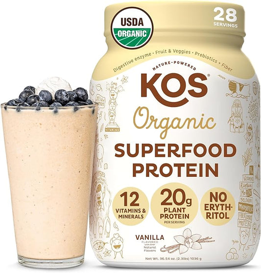 KOS Vegan Protein Powder Erythritol Free, Vanilla USDA Organic - Pea Protein Blend, Plant Based Superfood Rich in Vitamins & Minerals - Keto, Dairy Free - Meal Replacement for Women & Men, 28 Servings-FlexoryFit