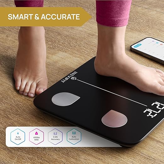 INEVIFIT Smart Body Fat Scale, Highly Accurate Bluetooth Digital Bathroom Body Composition Analyzer, Measures Weight, Body Fat, Water, Muscle, Visceral Fat & Bone Mass for Unlimited Users (Black)-FlexoryFit