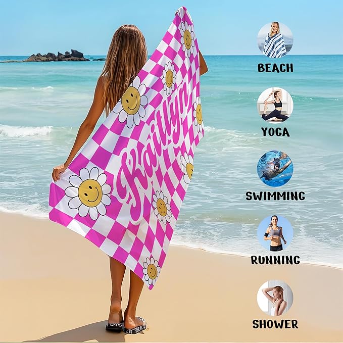 JML Personalized Beach Towel with Name, Custom Flower Beach Towel, Customized Microfiber Pool Towel, Quick Dry & Absorbent Swim Towel for Adult,Anniversary, Birthday, Summer Holiday,Vacation-FlexoryFit
