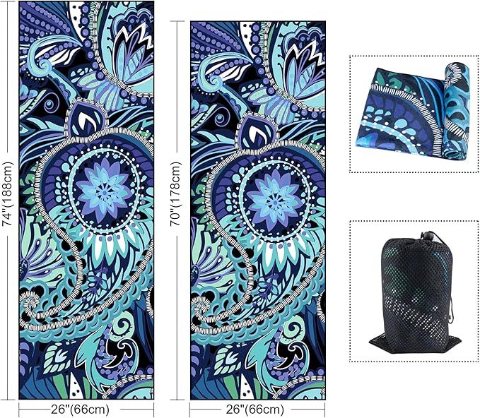 QiyI Yoga Mat Towel with Corner Pockets, Non Slip Sweat Absorbent Hot Yoga Towels, Soft Yoga Blankets with Travel Bag, Skidless Mat Cover for Workout, Gym, Fitness - 70"x26", Vintage Paisley-FlexoryFit