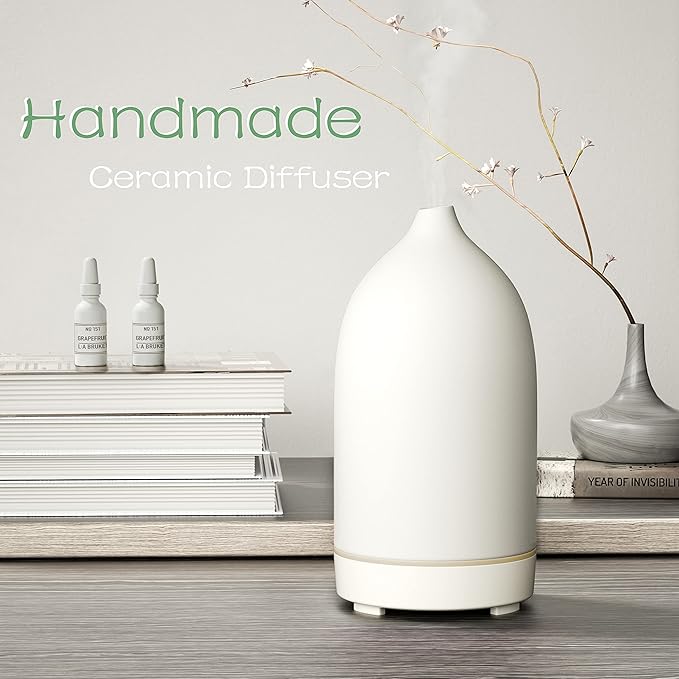 Essential Oil Diffusers,Handmade Ceramic Aromatherapy Diffuser for Room and 9 Colors Night Light for Home,Auto-Off (White)