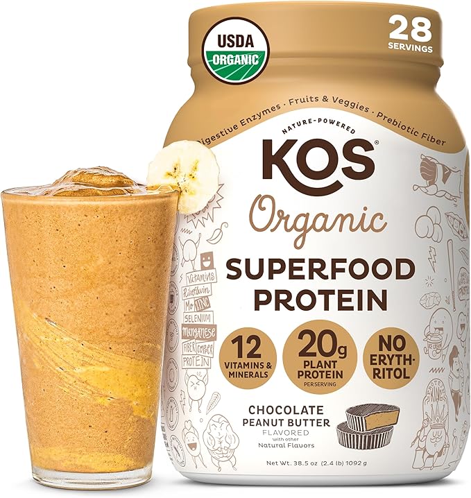 KOS Organic Plant Based Protein Powder, Chocolate Peanut Butter - Delicious Vegan Protein Powder Meal Replacement - Keto Friendly, Gluten Free, Dairy Free & Soy Free - 2.4 lbs, 28 Servings-FlexoryFit