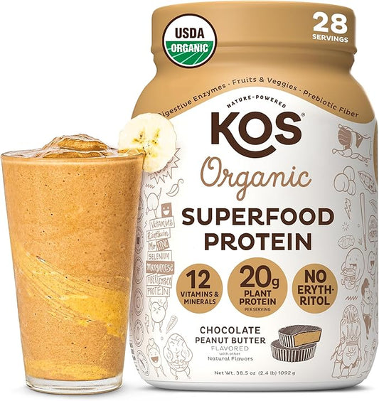 KOS Organic Plant Based Protein Powder, Chocolate Peanut Butter - Delicious Vegan Protein Powder Meal Replacement - Keto Friendly, Gluten Free, Dairy Free & Soy Free - 2.4 lbs, 28 Servings-FlexoryFit