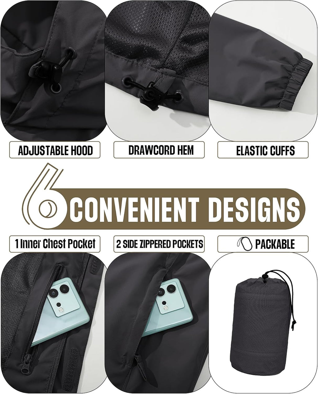 33,000ft Men's Packable Rain Jacket Waterproof Lightweight Raincoat Rain Shell with Hood for Outdoor Hiking Golf Travel