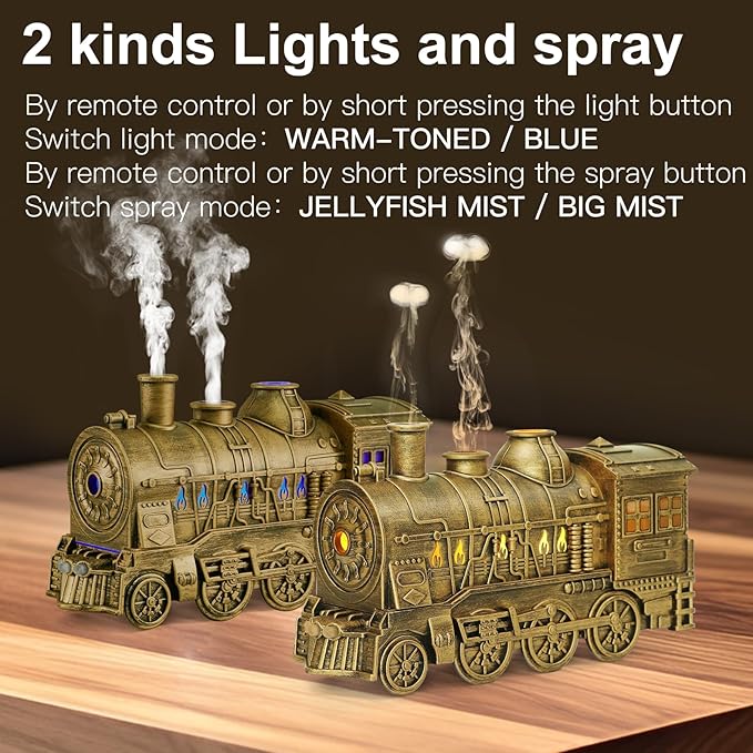 Essential Oil Diffuser Train Diffuser 300ml, Train Humidifier, Aromatherapy Diffuser Cool Mist Aromatherapy with 2 Light 2 Mist Mode Auto Shut-Off, Remote Included for Office Baby Home (Copper)
