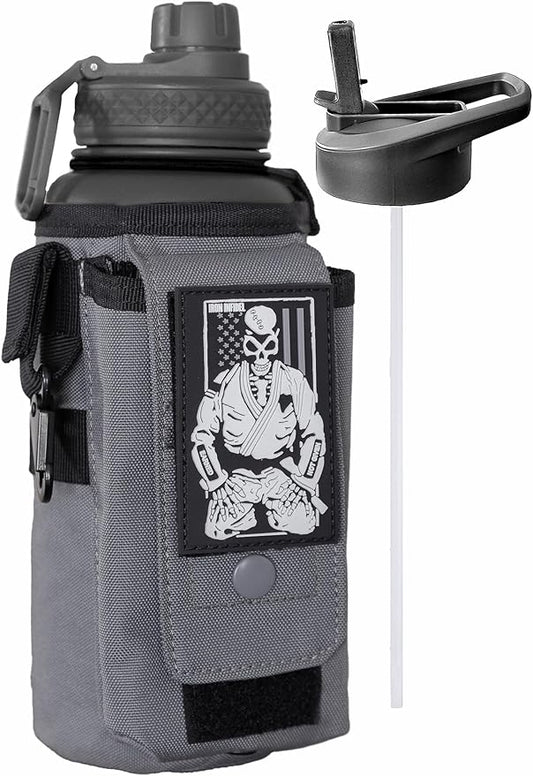 Iron Infidel Battle Bottle - 32 Oz Insulated Water Bottle with Straw Lid & Chug Cap, Stainless Steel Metal Flask Includes Rugged, Removable Sleeve for Keys, Wallet, & Phone (Earned, Not Given 1 Liter)-FlexoryFit
