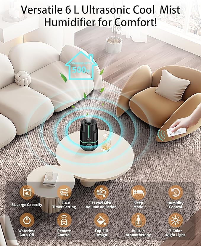 6L Smart Cool Mist Humidifier, Modern Black for Large Bedroom, Ultra Quiet 22dB with Humidistat, 50H Runtime, Top Fill, Oil Diffuser and Remote Control