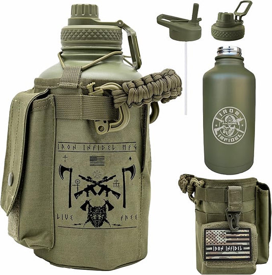 Iron Infidel Battle Bottle - Half Gallon Insulated Water Bottle with Paracord Handle, Large 64 oz Stainless Steel Water Jug with Rugged, Removable Sleeve for Keys, Wallet, & Phone (Live Free 2 Liter)-FlexoryFit