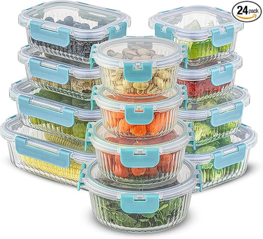 JoyJolt 24pc Borosilicate Glass Storage Containers with Lids | 12 Airtight/Freezer Safe Food Storage Containers for Pantry and Kitchen | Meal Prep Container for Lunch | Glass Tupperware Set-FlexoryFit