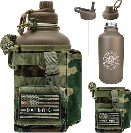 Iron Infidel Battle Bottle - Half Gallon Water Bottle Insulated, 64 oz Stainless Steel Water Jug with Handle- Gym Water Bottle for Men with Rugged Sleeve for Storage (Woodland 2 Liter)-FlexoryFit
