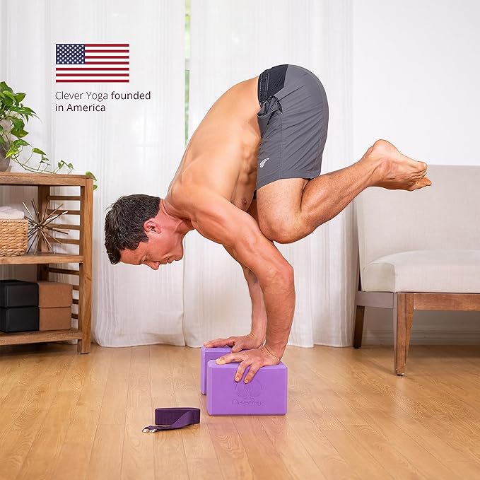 Clever Yoga Blocks & Strap - Lighweight Foam Yoga Blocks 2 Pack with 8ft Cotton Yoga Strap Set Kit for Beginners & Pros, Accessories & Equipment for Women & Men - Gray-FlexoryFit
