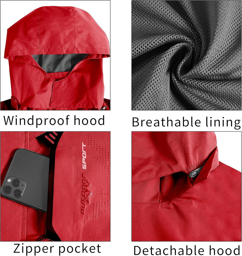 TEZO Mens Rain Jacket Waterproof with Hooded Hiking Coat Lightweight Windbreaker