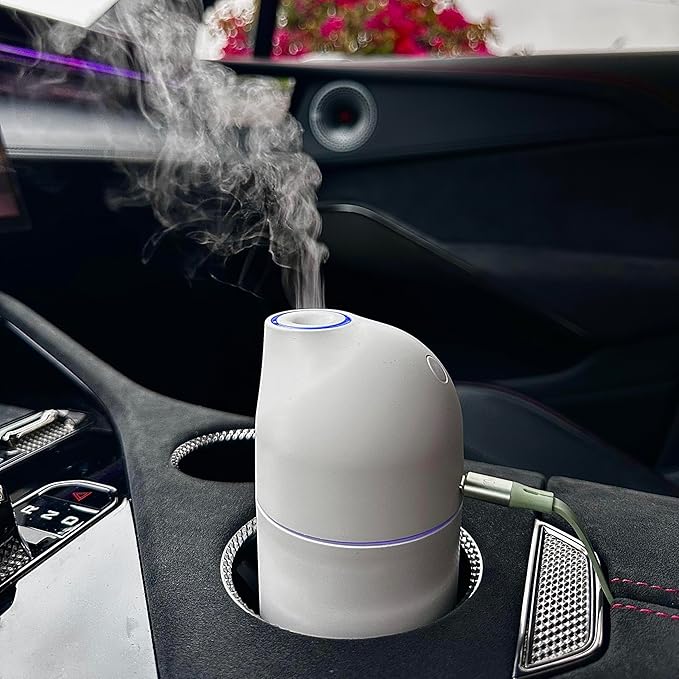 Ultrasonic Essential Oil Diffuser & Humidifier - 90ml USB-C Aromatherapy Device for Car, Home, Office with 3 Essential Oils (Lavender, Peppermint, Cedar) - 20-Min Auto Shutoff, White