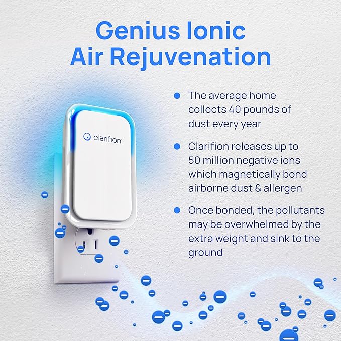 Clarifion - Air Ionizers for Home (1 Pack), Negative Ion Filtration System, Quiet Air Freshener for Bedroom, Office, Kitchen, Portable Air Filter Odor, Smoke Dust, Pets, Eliminator, Mini Air Cleaner