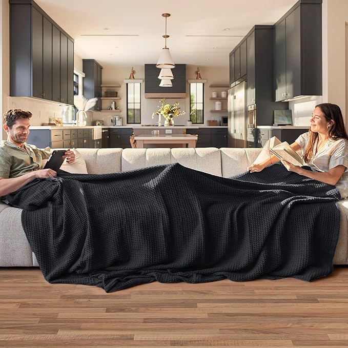 Bedsure 100% Cotton Blanket Queen Size for Bed - Breathable and Soft, Waffle Weave Blanket for Summer, Thick Cozy Fall Blankets for Women Gift, Black, 90x90 Inches