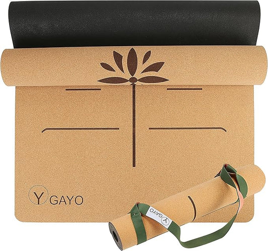 Premium Yoga Cork Mat | 5mm Thick Natural Tree Rubber Base and Bigger Mat for Extra Support, Alignment lines for Guidance | Non-Slip, Natural & Eco-friendly, Your Ultimate Eco-Friendly Yoga Companion-FlexoryFit