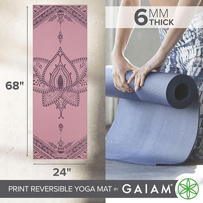 Gaiam Yoga Mat - Premium 6mm Print Reversible Extra Thick Non Slip Exercise & Fitness Mat for All Types of Yoga, Pilates & Floor Workouts (68" x 24" x 6mm Thick)-FlexoryFit
