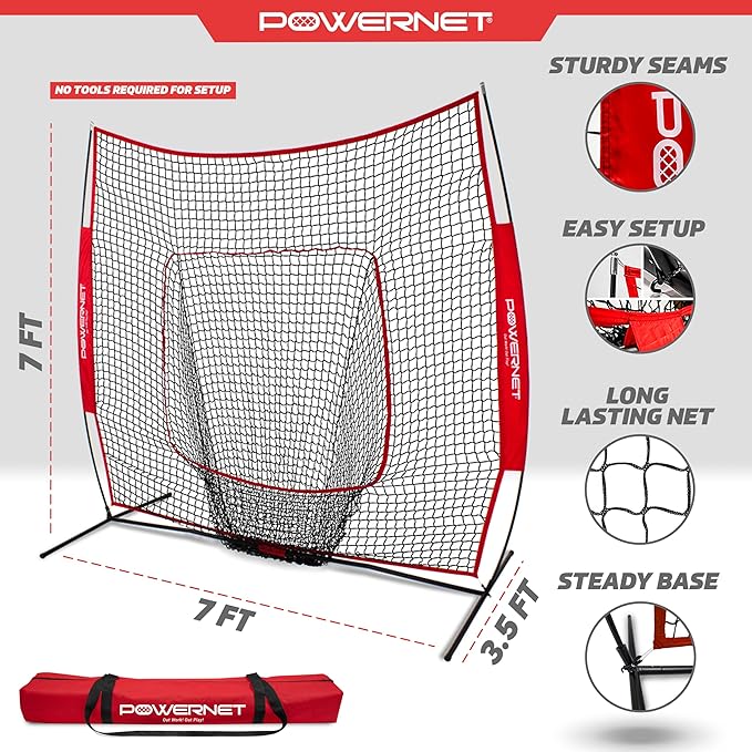 PowerNet Baseball Softball Practice Net 7x7 with Baseball Accessories for Practice Pitching, Batting & Fielding, Ball Caddy, Weighted Baseballs, Tee