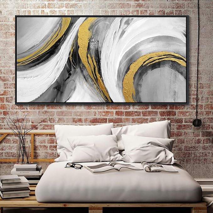 White Gold Wall Art - Abstract Framed Large Size Black White Gold Hand Drawn Textures Artwork Ink Dances With Gold Canvas Painting for Living Room Office Hallway Bed Above Decor 29"X58"-FlexoryFit