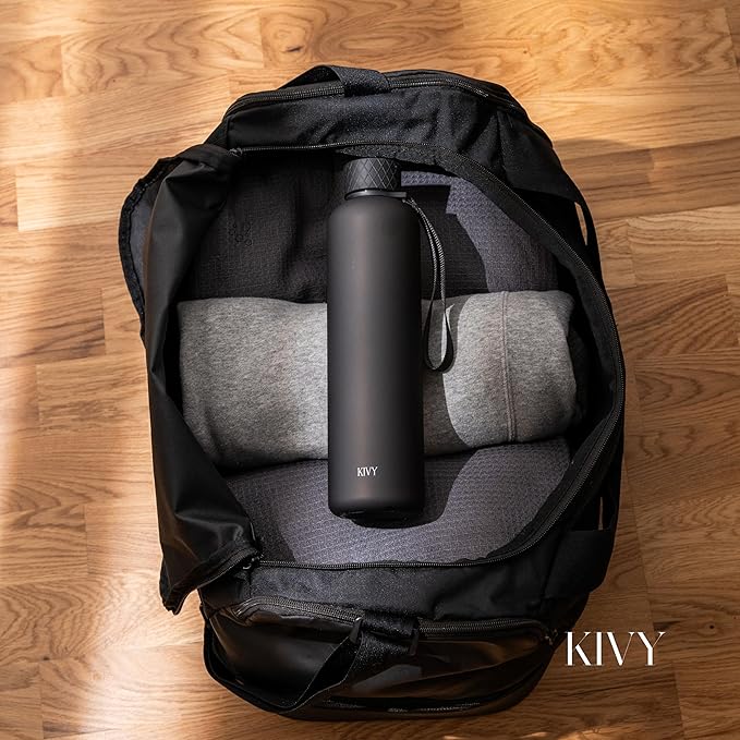 KIVY Slim Water Bottle 32oz [Lightweight & Shatterproof] Fits Backpack & Cupholder for Travel, Sports, School, Gym - Black water bottle no straw - Mens water bottle screw top - Dishwasher Safe-FlexoryFit