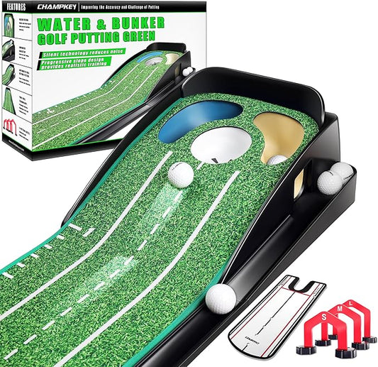 CHAMPKEY Professional Hazard Golf Putting Green Come with Golf Putting Gates and Putting Mirror - Progressive Slope Tech and Noise Reduction Tech Golf Putting Mat