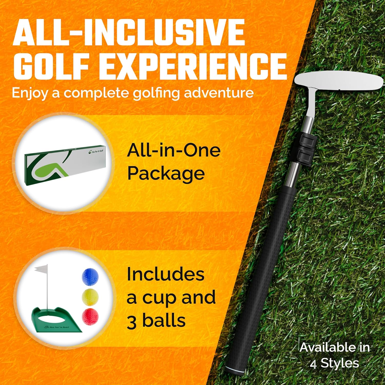 Kids Putter Set with Extendable Shaft – Adjustable Mini Golf Putter for Junior Golfers – Left & Right-Handed Training Club – Includes 3 Balls – Silver, 17"-35"