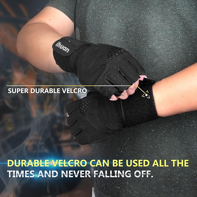 ihuan Ventilated Weight Lifting Gym Workout Gloves with Wrist Wrap Support for Men & Women, Full Palm Protection, for Weightlifting, Training, Fitness, Hanging, Pull ups-FlexoryFit
