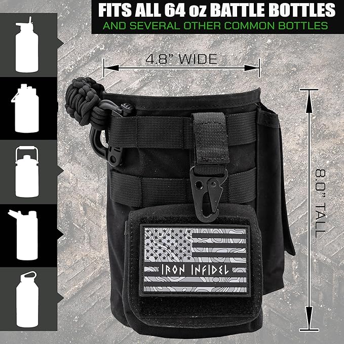 Iron InfideI Battle Bottle Sleeve - 64 oz and 32 oz Water Bottle Sleeve Only for Half Gallon 1L Steel Water Bottle | Rugged Cover with Molle for Versatile Design with Storage for Phone, Wallet & Keys-FlexoryFit