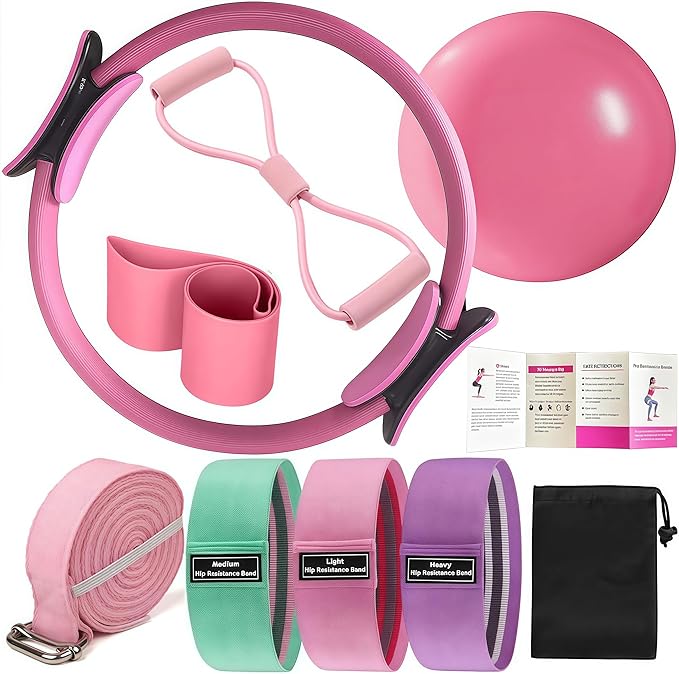 Pilates Set – Home Pilates Equipment for Women Kit with Magic Circle Pilates Ring and Ball Set, Resistance Bands & Massage Balls & Exercise Bands for Toning，Flexibility & Core Strength-FlexoryFit
